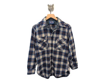 Camisa vintage de franela de lana virgen Pendleton, cuadros azules, fabricada en EE. UU., talla L