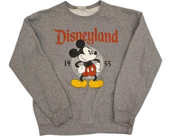 Sudadera vintage Disney Mickey Mouse Disneyland 1955 gris de cuello redondo, talla pequeña. Oficial.
