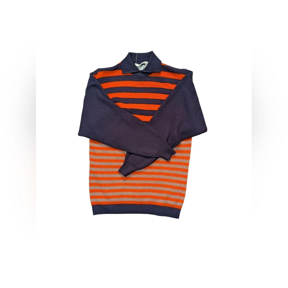 Vintage P. Eleanor Brenner Merino Wool Sweater Striped Mock Neck Navy & Orange S