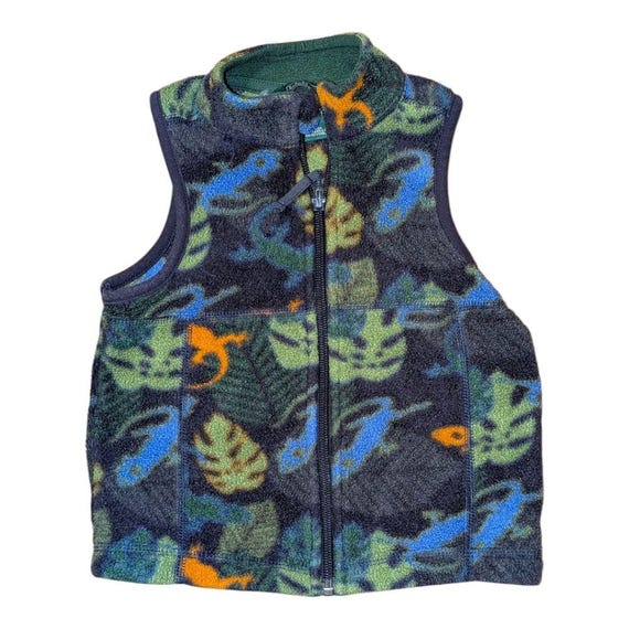 Vintage 90s L.l.bean Kids Fleece Vest Salamander Print 12-18M 