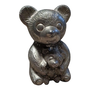 Vintage 5&quot; Metal Teddy Bear & Cub Coin Piggy Bank  5&quot; Tall Zinc VTG Collectible