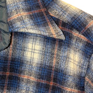 Pu&ograve; includere: Primo piano di una camicia di flanella a quadri blu, bianchi e arancioni. La camicia ha un colletto trapuntato blu scuro. Il motivo a quadri &egrave; un mix di blu chiaro e scuro con accenti arancioni e bianchi.