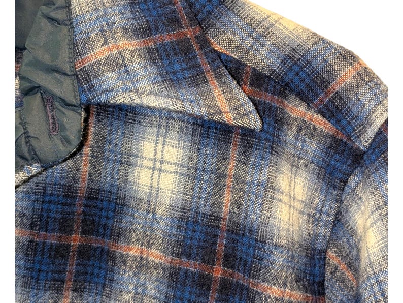 Pu&ograve; includere: Primo piano di una camicia di flanella a quadri blu, bianchi e arancioni. La camicia ha un colletto trapuntato blu scuro. Il motivo a quadri &egrave; un mix di blu chiaro e scuro con accenti arancioni e bianchi.