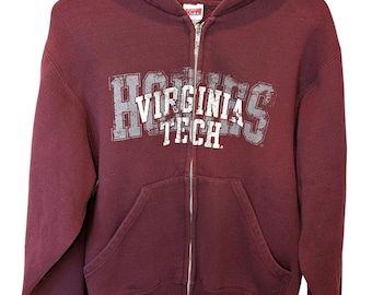Vintage Virginia Tech Hokies Full Zip Hoodie med huva, rödbrun storlek Small, unisex