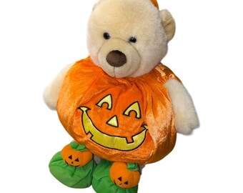 Halloween Pumpkin Teddy Bear Plush Cream Bear in Jack-O-Lantern Costume Fall