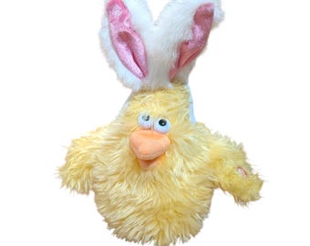 Peluche animado de pollito de Pascua con orejas de conejo de Dan Dee, de los años 90, que canta y se mueve como un pato. ¡Funciona de maravilla! Artículo de colección.