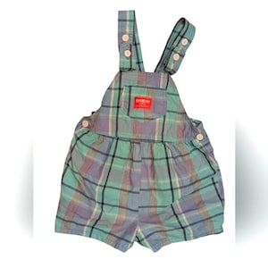 Vintage 90s OshKosh B&#39;Gosh Plaid Romper Size 6 Made In USA Girls Overalls Bow