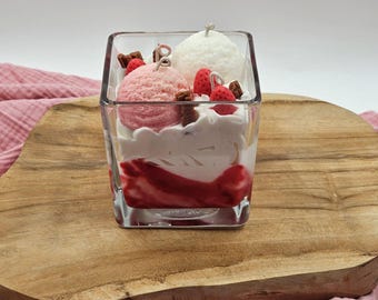 Dessertkerze Eis mit Erdbeeren, Deko Kerze, Kerze im Glas, Duftkerze