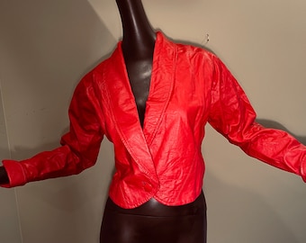 vintage 80s red leather women’s crop jacket blazer  M