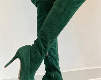 vintage green kid skin suede thigh high OTK boots size 40 9 Christmas New Year’s eve party fetish saint patrick’s day