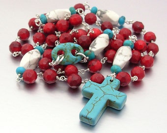 Sterling Silver Catholic Rosary with Red Coral, Howlite & Turquoise