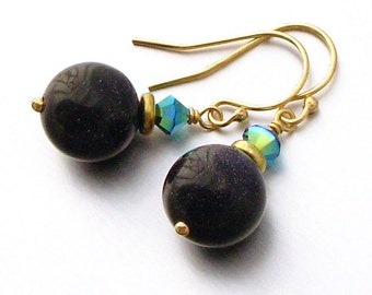 14kt GF Blue Goldstone and Swarovski Crystal  Earrings