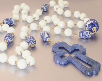 14kt GF White Agate and Porcelain Catholic Rosary