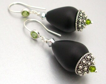 Onyx Drop Earrings with Peridot & Swarovski Crystal Accents