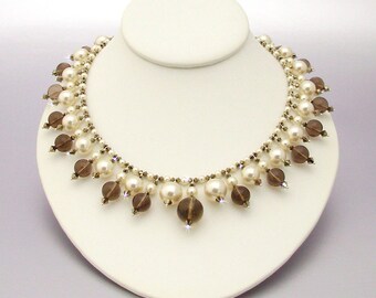 16" Regal Necklace of Smoky Quartz and Swarovski Pearls & Crystals