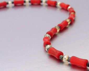 7.5" 14kt GF Red Bamboo Coral & Swarovski Crystal Bracelet