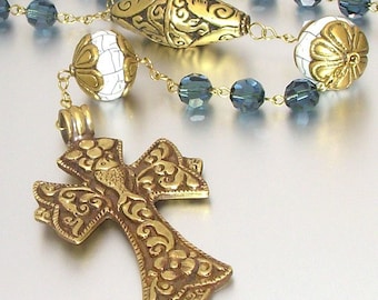 Tibetan Brass and Swarovski Crystal Catholic Rosary