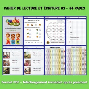 May include: A green educational workbook titled "CAHIER DE LECTURE ET ÉCRITURE GS - 84 PAGES" with exercises and illustrations. The workbook includes the text "PARADIS Kids" and "APPRENONS ENSEMBLE LE FRANÇAIS". The workbook is a PDF format.