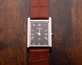 Vintage Seiko Tank Watch: Black Dial, Light Brown Leather Strap