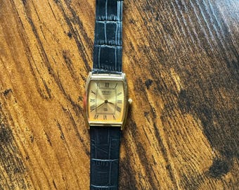 Rare Men Gold Slim Black Leather strap Barrel Slim Formal Dress Watch