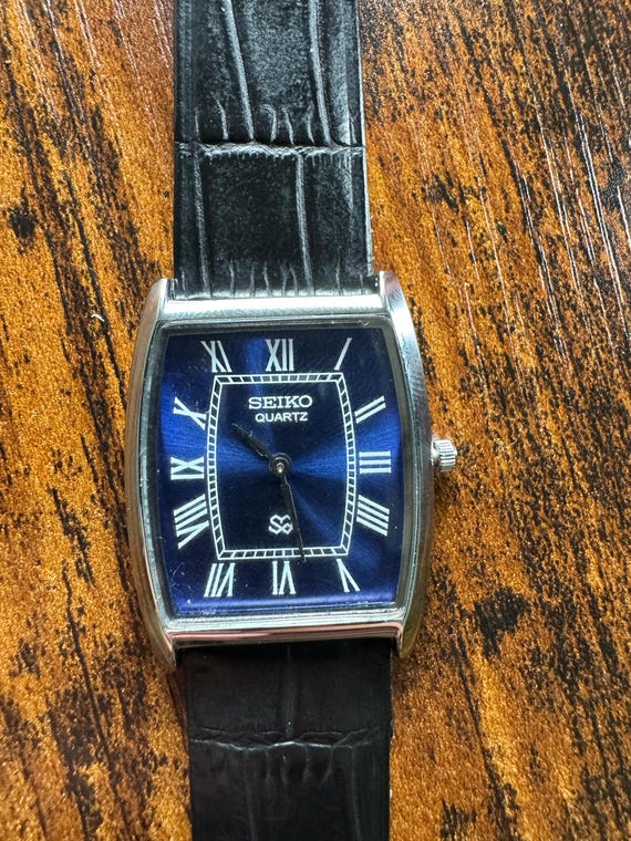 Vintage Seiko Tank Watch: Blue Dial, Black Leather Strap - Etsy