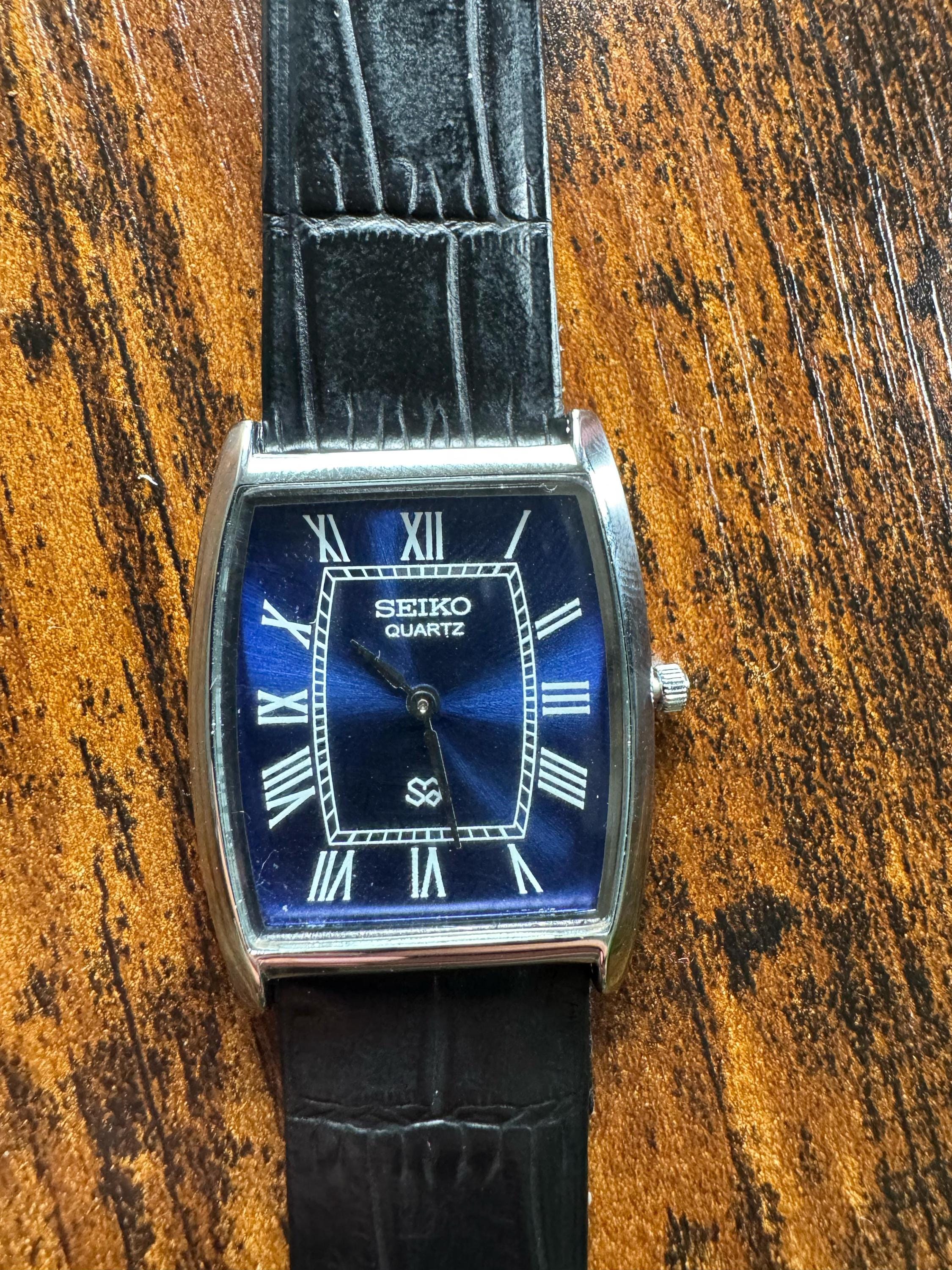 Vintage Seiko Tank Watch: Blue Dial, Black Leather Strap - Etsy