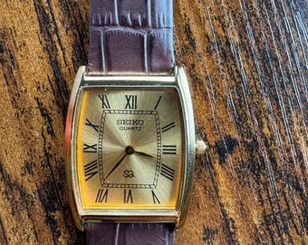 Rare Vintage Seiko Men Slim Barrel Tank Gold Dial Dark Brown Strap Dress Watch