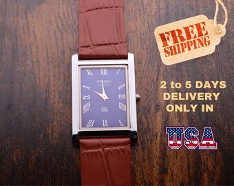 Vintage Seiko Tank Watch: Slim Blue Dial, Light Brown Leather Strap