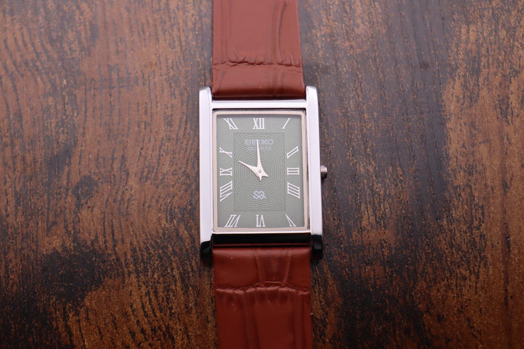 Vintage Seiko Tank Watch: Green Dial, Light Brown Leather Strap - Etsy