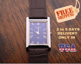 Vintage Seiko Tank Watch: Slim Blue Dial, Dark Brown Leather Strap