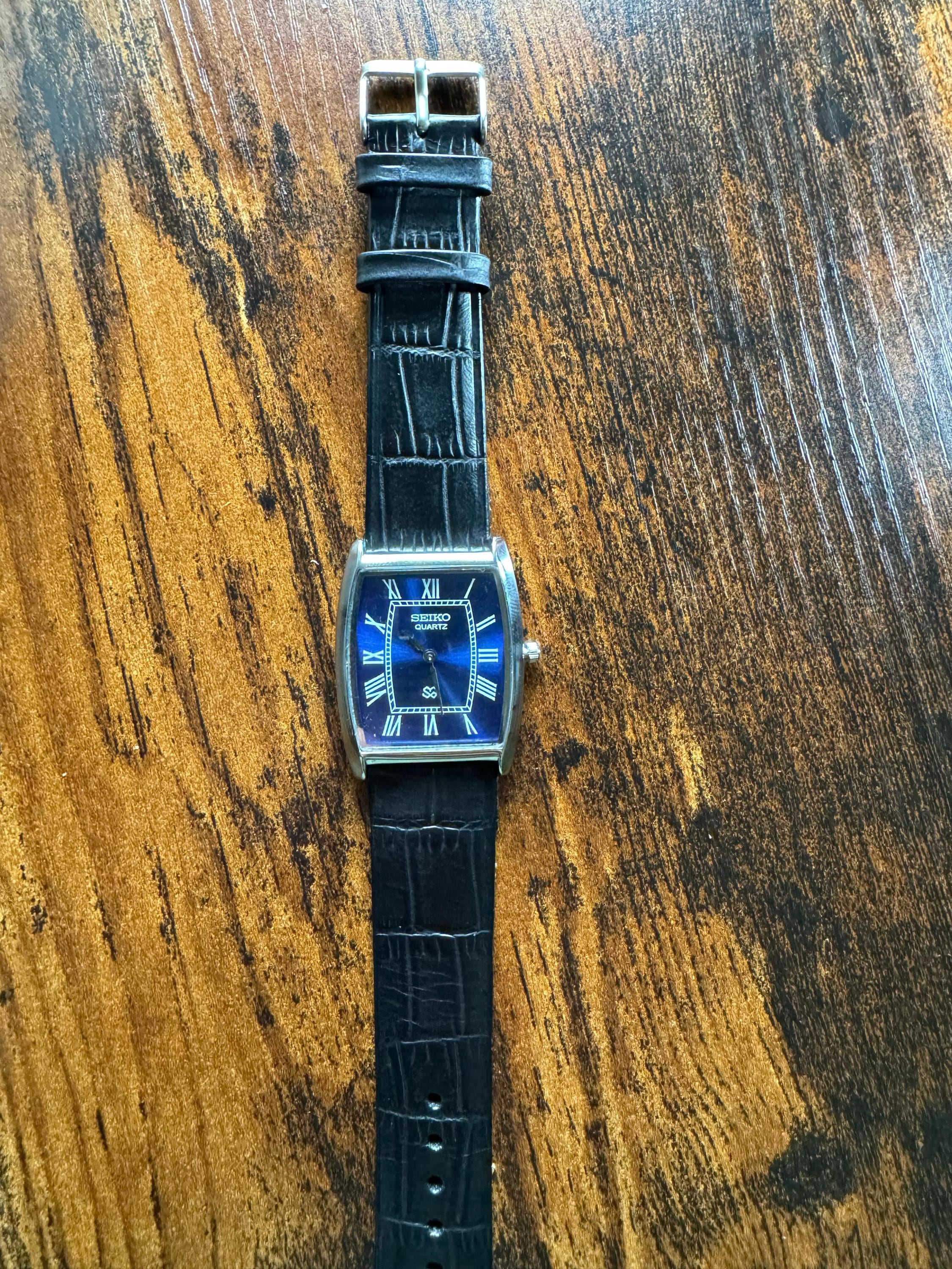 Vintage Seiko Tank Watch: Blue Dial, Black Leather Strap - Etsy