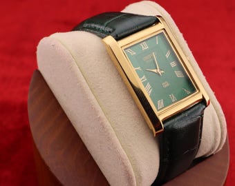 Vintage Rare Seiko Slim Quartz Herren Grünes Zifferblatt Grüne Lederuhr