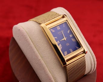 Vintage Rare Seiko Slim Quartz Herren Blaue Zifferblatt Goldene Mesh Band Uhr