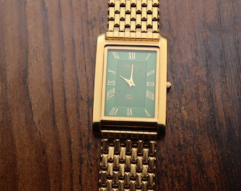 Zeldzame vintage Seiko slanke tank heren groene wijzerplaat GOUD herenpolshorloge