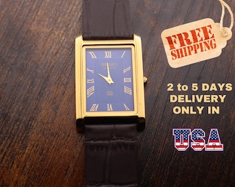 Seltene Vintage Seiko Slim Tank Männer Blau Zifferblatt dunkelbraun Strap Abendkleider Uhr