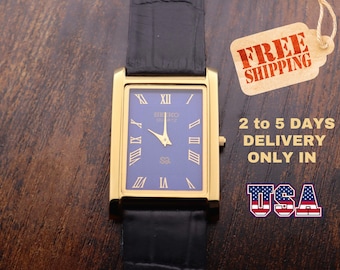 Seltene Vintage Seiko Slim Tank Männer Blau Zifferblatt Schwarz Strap Abendkleid Uhr
