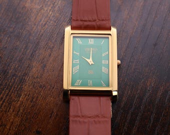 Raro reloj Seiko Slim Tank vintage para hombre, esfera verde, correa marrón claro, reloj de vestir formal