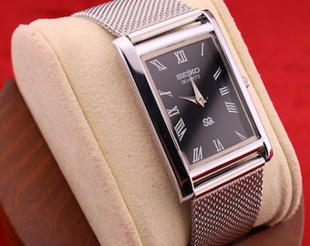 Vintage Rare Seiko Slim Quartz Herren Schwarze Zifferblatt Silber Mesh Band Uhr