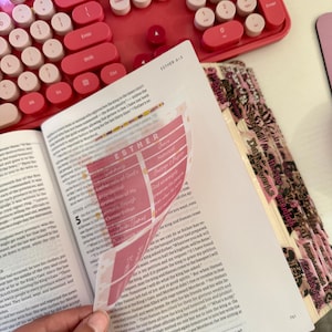 May include: Open book with the text "ESTHER 4-5" and pink tabs. A pink mechanical keyboard is in the background. The book is open to a page with highlighted text and a pink overlay.