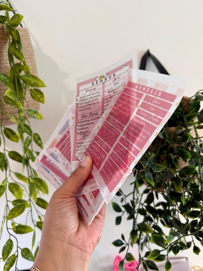 May include: A hand holds several pink and white study cards with text. The cards have a floral design and include the words "EXODUS" and "GENESIS". The cards are surrounded by green leafy plants.