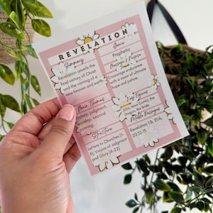 May include: A pink and white card with the word "REVELATION" at the top. The card contains text about the summary, genre, message, main themes, structure, key figures, and notable passages of Revelation.