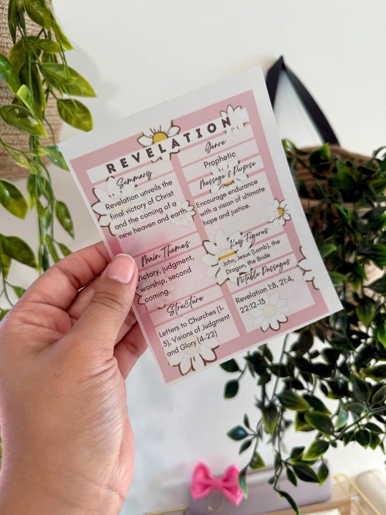 May include: A pink and white card with the word "REVELATION" at the top. The card contains text about the summary, genre, message, main themes, structure, key figures, and notable passages of Revelation.