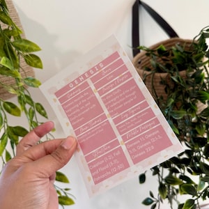 May include: A pink and white card with the title "GENESIS" and various subheadings like "Summary", "Main Themes", and "Structure". The card includes text about the beginning of the world and key figures. The card is held by a person.