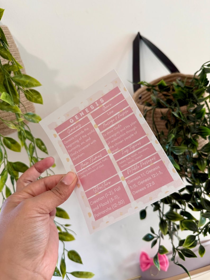 May include: A pink and white card with the title "GENESIS" and various subheadings like "Summary", "Main Themes", and "Structure". The card includes text about the beginning of the world and key figures. The card is held by a person.