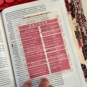 May include: An open book with the title "ESTHER" on the page, featuring a clear overlay with pink highlighted text. The overlay has the words "Passage & Purpose" and "Historical Figures". A red keyboard is in the background.