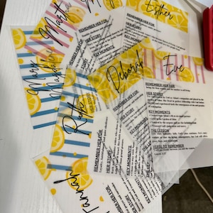 May include: A collection of translucent rectangular cards featuring names like Mary, Esther, Deborah, Eve, Ruth, and Hannah in black script. Each card displays a lemon pattern background with blue or pink stripes and printed text detailing biblical stories.