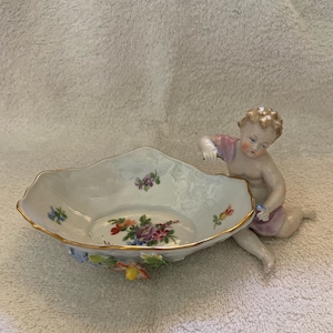 Vintage Dresden Gold Trimmed Porcelain Dish with Cherub Figurine