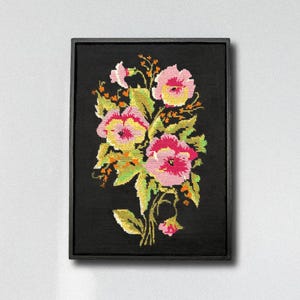 Handmade Floral Needlepoint Wall Art, Vintage Tent Stitch Embroidery, Textured Textile Wall Hanging, Botanical Embroidery Decor, Framed Art