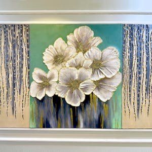 Floral Sculpture Painting, 3D Flower design, Plaster Art, Handmade Wall Art, Anniversary Gift for Her, Neutral Wall Hanging, Boho Mom Gift