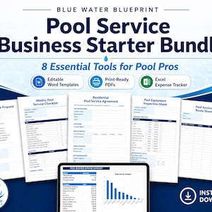 Könnte beinhalten: Ein digitales Starter-Paket für Pool-Service-Unternehmen mit acht essenziellen Werkzeugen, darunter bearbeitbare Word-Vorlagen, druckfertige PDFs und ein Excel-Ausgaben-Tracker. Die Dokumente umfassen ein Service-Angebot, eine wöchentliche Checkliste, einen Service-Vertrag, ein Inspektionsblatt und einen Routenplan.